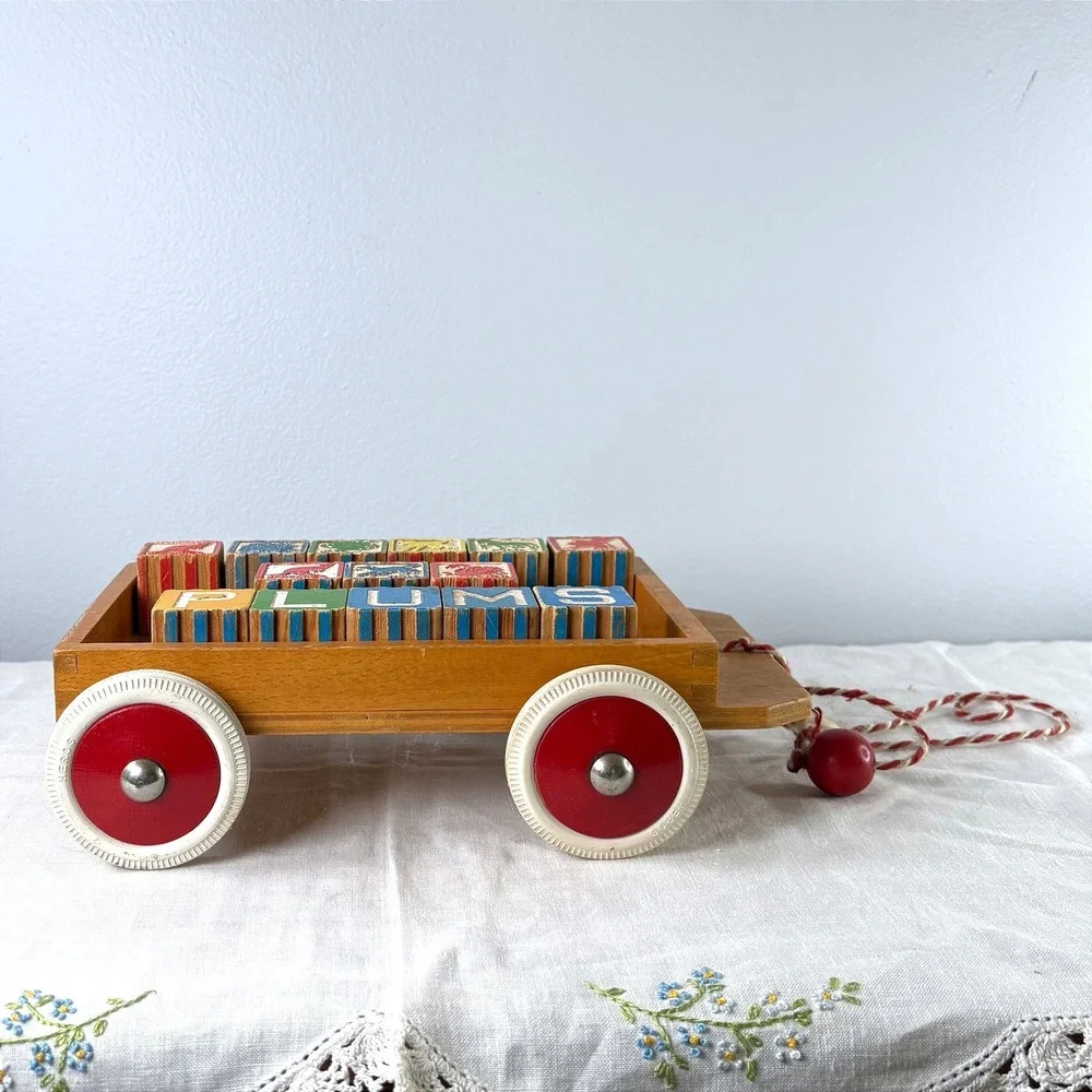 Vintage Heros‎ Wooden Pull Wagon with Alphabet and Animal Blocks German Toy